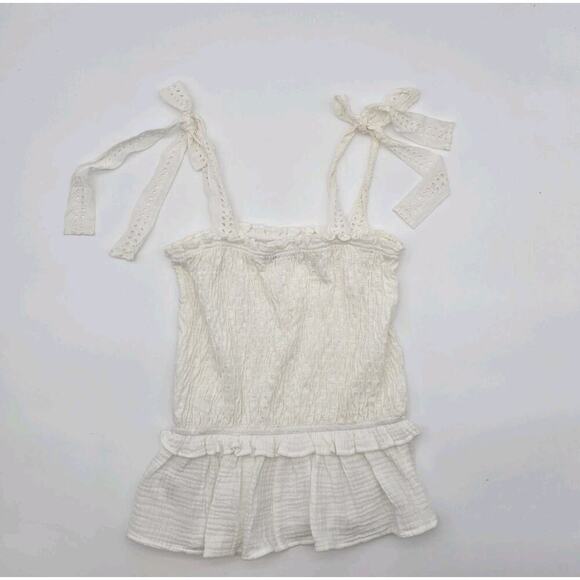 Anthropologie Top Womens Small White Tank Gauze Smocked Eyelet Boho Tie Eri Ali - Picture 5 of 11